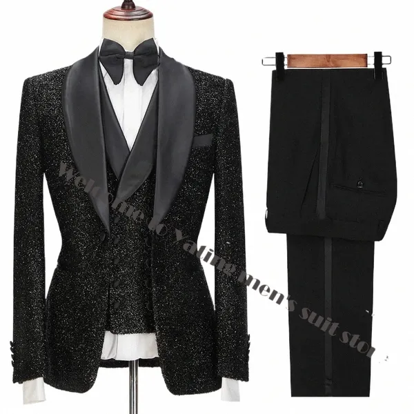 Dernières conceptions de pantalon de manteau Fi brillant noir hommes costumes pour mariage marié Tuxedos Slim Fit Terno Masculino bal fête 3 pièces 02CA #