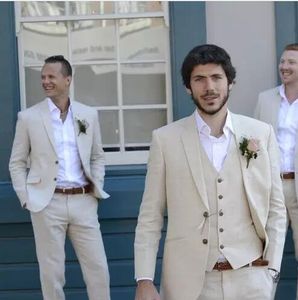 Laatste Jas Pant Designs Ivory Beige Beach Linnen Mannen Past 2018 Bruiloft Pak Bestmen Zomer Huwelijk Bruidegom Tuxedo 3 Stuk (Jack + Pant + Vest)