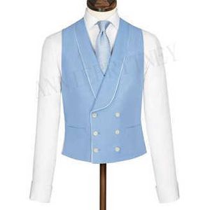 Dernières conceptions de pantalons de manteau bleu clair hommes gilet costume à double boutonnage gilets châle revers gilet Slim Fit sans manches manteau smoking X0909