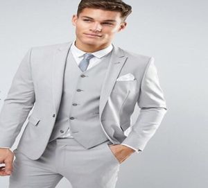 Nieuwste jas pant ontwerpen lichtgrijs mannen pakken bruiloft pakken slank fit mager jas aangepaste kostuum bruidegom tuxedo 3 -delige masculino4715665