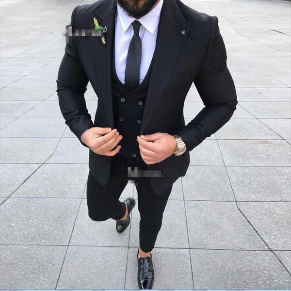 Últimos diseños de pantalones de abrigo, traje de boda para hombre, corte entallado, esmoquin de 3 piezas, novio, padrino de boda, chaqueta negra hecha a medida, chaleco, trajes para hombre, Blazers