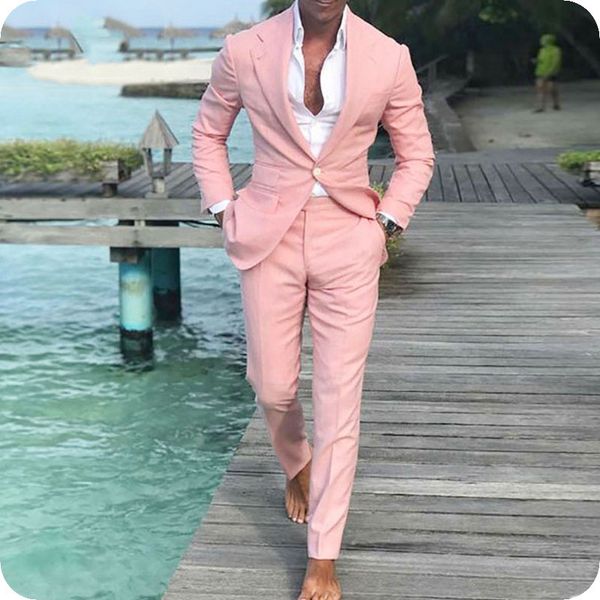 Últimos diseños de pantalón de abrigo Trajes de hombre rosa para boda Novio Esmoquin Padrinos de boda Blazer 2 piezas Playa de verano Slim Fit Casual Chaqueta de hombre de negocios