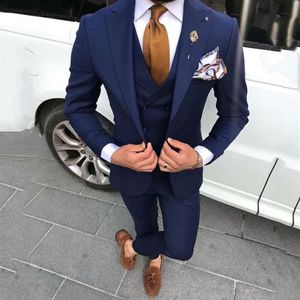 Nieuwste Jas Broek Marineblauw Mannen Pakken voor Bruiloft Prom Man Blazers Bruidegom Tuxedos Terno Masculino Kostuum Homme 3 Piece310N