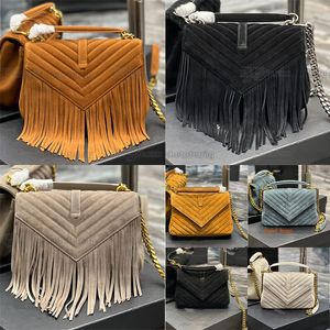 College tas met medium keten suède met franjes, chevron-gewatteerd, overstekend handvat aan de bovenkant, leren schouderband, crossbody handtas, luxe ontwerpersleer