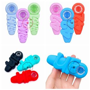 Dernières colorées 420 UFO LOVE Forme Silicone Pipes à main Filtre en verre Nineholes Trous Écran Bol Portable Herb Tabac Porte-cigarette Fumer Pocket Handpipes DHL