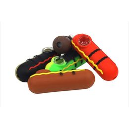 Dernières tuyaux de style de hot-dog en silicone coloré herbe sèche tabac verre filtre bol pipes à main fumer étui à cigarettes tube portable