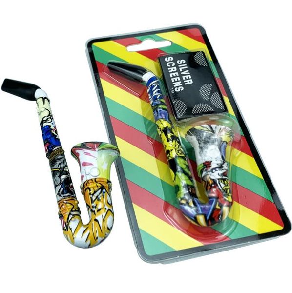 La última pipa de fumar colorida Forma de trompeta de saxofón Filtro de mano de tabaco de metal Tubos de cigarrillos Accesorios de herramientas de humo con pantallas de malla