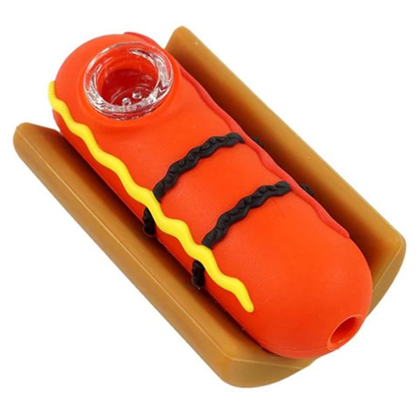 Últimas Cool Colorful Hand Silicone Pipes Portable Hot Dog Style Glass Filter Cuchara Tazón Hierba Tabaco Cigarette Holder Hookah Waterpipe Bong Smoking Tube