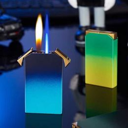 Nieuwste Creatieve Metalen Mode Kleurverloop Dual Flame Butaan Geen Gas Aansteker Schakelaar Zonder Schakelen Ontsteking Roken Acce EXD8