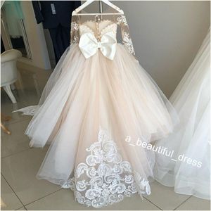 La última joya linda Vestidos de cumpleaños para niña de flores Vestido de fiesta Cuello transparente Manga larga con apliques de encaje Vestidos para niñas y niños FG1307