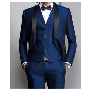 derniers smokings de mariage bleu foncé 2019 un bouton Slim Fit châle revers cravate smokings costume garçon d'honneur (veste + pantalon + arc + gilet)