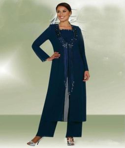 Nieuwste Dark Navy 3 stuks Long Jacket Mother Bride Pants Pakken vrouwen feest dragen chiffon bruidegom moeder broek pakken pakken mode sequin7103807