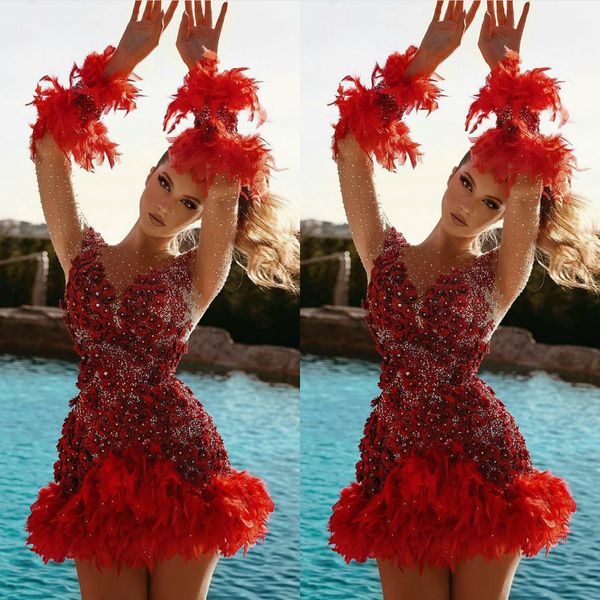 Dernières robes de Cocktail rouge foncé avec plumes fleurs 3D Mini jupe cristaux à manches longues robe de célébrité Sexy sur mesure