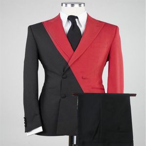 Nieuwste Ontwerp Zwart Rood Heren Jas Broek Double Breasted Bruidegom Tuxedo Party Pak Voor Mannen Slim Fit Blazer pakken Bl322k