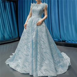 Dernière conception bleu bateau cou robes de mariée 2020 sans manches à la main fleurs a-ligne robes de mariée HM66796 sur mesure