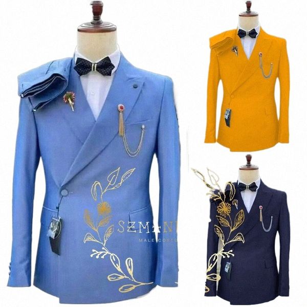 Dernière conception bleu Slim Fit double boutonnage hommes costumes pour mariage marié Tuxedos costumes formels meilleur homme bal Blazer pantalon o7AV #