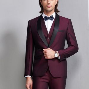 Dernière conception sur mesure costumes de mariage bordeaux Slim Fit marié Tuxedos vêtements formels châle revers Groomsman costumes veste pantalon ves219E