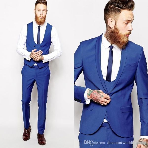 Dernière conception Tuxedos de marié bleu Slim Fits homme travail costume d'affaires robes de mariée Blazer costumes de fête (veste + pantalon + gilet + cravate) J630