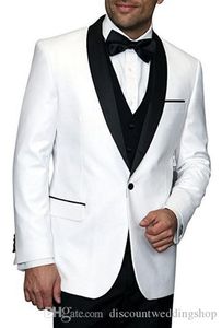 Último diseño Novio Esmoquin Blanco Marfil Cuello chal Hombres Vestido de novia Prom Blazer Fiesta Trajes de negocios (chaqueta + pantalones + chaleco + corbata) J604