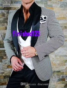 Dernière conception marié Tuxedos pied de poule châle revers hommes mariage robe de bal Blazer fête costumes d'affaires (veste + pantalon + gilet + cravate) J631