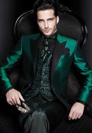 Costumes en Satin vert italien pour hommes, coupe cintrée, robe de bal formelle pour marié, manteau masculin 3 pièces, veste + pantalon + gilet, dernière conception