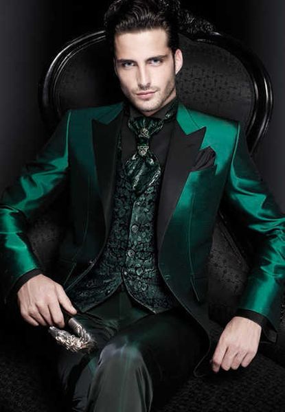 Trajes de hombre verdes italianos de último diseño, traje Formal de satén entallado para novio, vestido de graduación, esmoquin, abrigo para hombre, chaqueta Blazer de 3 piezas + pantalón + chaleco