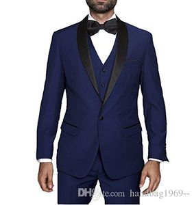 Nieuwste Design Navy Blue Bruidegom Tuxedos Sjaal Revers Man Prom Dress Mens Bruiloft Kleding Past (Jas + Pants + Vest + Tie) D: 254