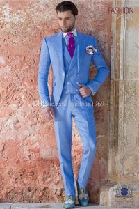 Dernière Conception Un Bouton Bleu Marié Tuxedos Peak Revers Garçons D'honneur Hommes Costumes De Fête De Mariage 3 Pièces Blazer (Veste + Pantalon + Gilet + Cravate) K39