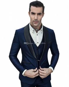 Dernière conception un bouton bleu marine smokings marié châle revers garçons d'honneur hommes costumes de fête de mariage 3 pièces blazer (veste + pantalon + gilet + cravate) K38