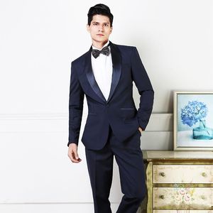 Laatste Design One Button Navy Blue Bruiloft Bruidegom Tuxedos Sjaal Revers GroomsMen Mannen Suits Prom Blazer (Jas + Broek + Tie) No: 2078