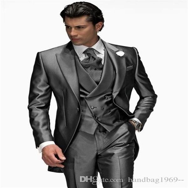 Último diseño Un botón Brillante Gris Novio Esmoquin Pico Solapa Padrinos de boda Trajes de fiesta de boda para hombre 3 piezas Blazer Chaqueta Pantalones Vest224Y