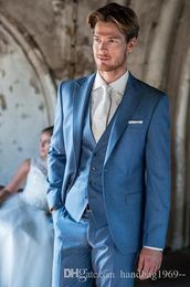 Nieuwste ontwerp twee knop blauwe bruidegom smoking tuxedos piek revers groomsmen beste man heren bruiloft pakken (jas + broek + vest + stropdas) D: 239