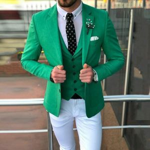 Laatste ontwerp twee knoppen Groene bruiloft Mannen Past Notch Revers Drie Stuks Zakelijke Bruidegom Tuxedos (Jas + Broek + Vest + Tie) W1123