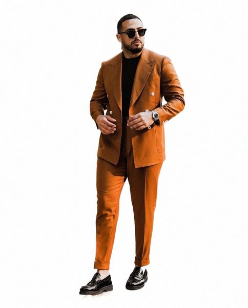 Trajes de boda de último diseño para hombres Conjuntos de chaqueta naranja Slim 2 piezas Doble botonadura Custome Tuxedo Homme Elegante Dr Trajes e2bf #