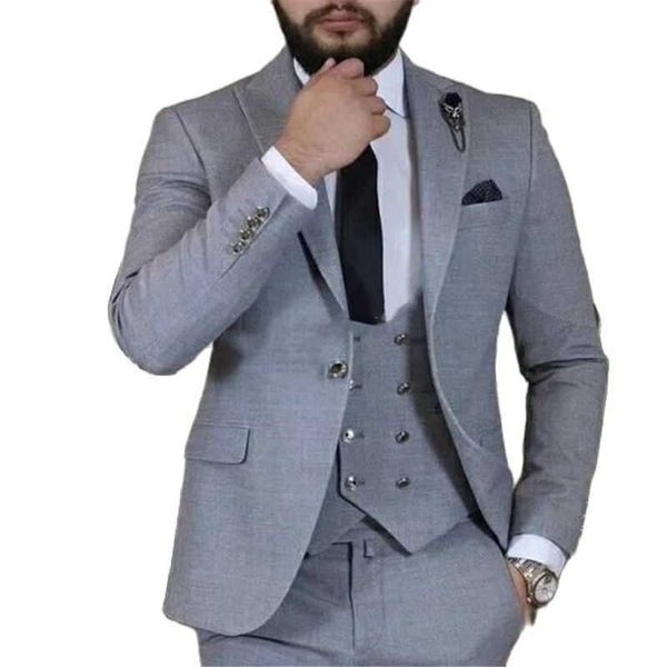 Dernières conceptions gris hommes costume 3 pièces Slim Fit bal mariage marié smoking affaires mâle mode veste gilet avec pantalon 2021 X0909