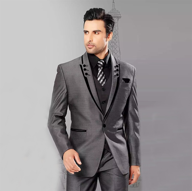 Abiti da uomo Blazer grigio Business Risvolto con visiera Formale Abiti da sposa slim fit Abiti da sposo Smoking su misura Best Man Prom Giacca + Pantaloni + Gilet