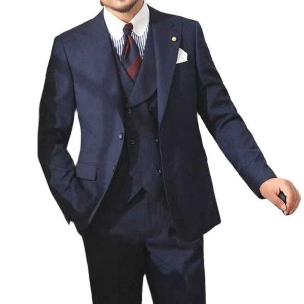 Dernières conceptions bleu marine hommes costumes slim fit double boutonnage gilet formel mariage smoking 3 pièces marié bal blazer avec pantalon x0909