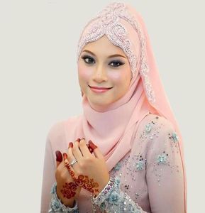 Laatste Mode 2015 Bruidssluiers Chiffon Steentjes Kralen Moslim Islamitische Bruidsvoile de mariee Arabische Bruiloftssluiers7877369