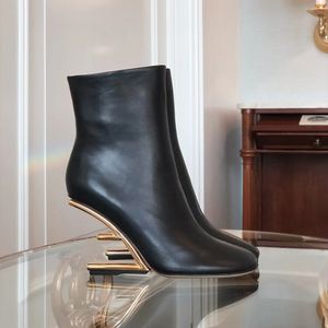 Enkellaarsjes met hoge hakken Metallic hoge hakken Laarzen met vierkante neus Rits aan de zijkant Kalfsleren buitenzool Laarzen voor dames Luxe designerschoenen Fabrieksschoeisel Maten 35-42