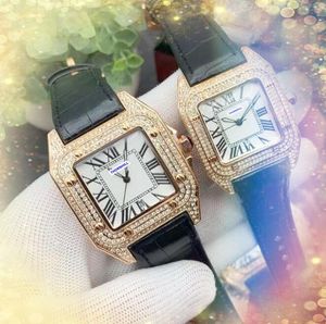 Dernière mode diamant complet Diamants Ring Watches 40 mm 34 mm Luxury Fashion Men and Women Cow Leather Strap Clck carré Tank Roman Cador