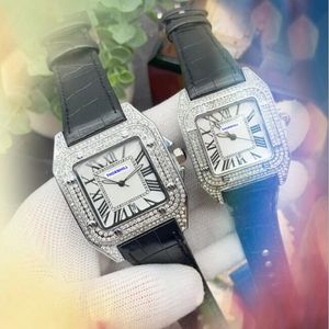 Nieuwste mode volledige diamanten Di kiesring horloges 40 mm 34 mm luxe mode mannen en dames koeslederen band clck vierkante Romeinse tank dial polshorloge reloj mujer cadeaus