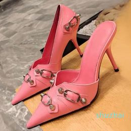 ultima moda Scarpe col tacco alto in vera pelle rosa décolleté a punta Scarpe da sera eleganti Pantofola di design di lusso Fibbia della cintura decorazione del chiodo scarpe formali con scatola