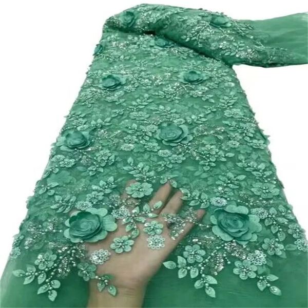 Último magnífico verde 3d flor africano Beads Laces Fabrics Luxury Nigerian Sequins Mesh Lace Lace For Farty Dress 240407