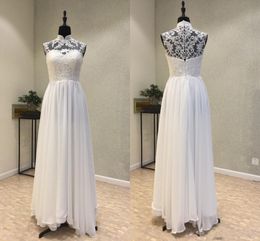 Nieuwste Hoge Hals Chiffon Trouwjurken Kant Button Terug Vloer-lengte Bruids Bruidsjurken Bruid Jurken Vestido de Novia 3789