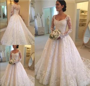 Nieuwste Hot Sale Ronde Hals A-lijn Lange mouwen Kant Trouwjurken Button Back Applicaties Beaded Bridal Trouwjurken Court Train