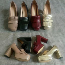 Dernière pompe à plate-forme en cuir avec franges femmes talons hauts chaussures Marmont Vintage matériel à Double orteil 3.3 "4.5" avec plate-forme NO28
