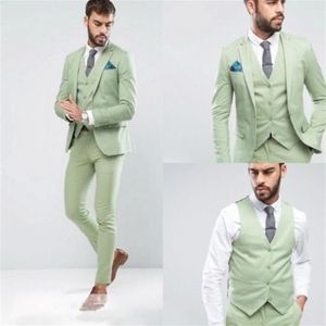 Nieuwste Lichtgroen Mannen Wedding Suits Custom Bruidegom Tuxedo Man Party Suits Stalknecht Slipjas 3 Stuks Jas Broek Vest284Y