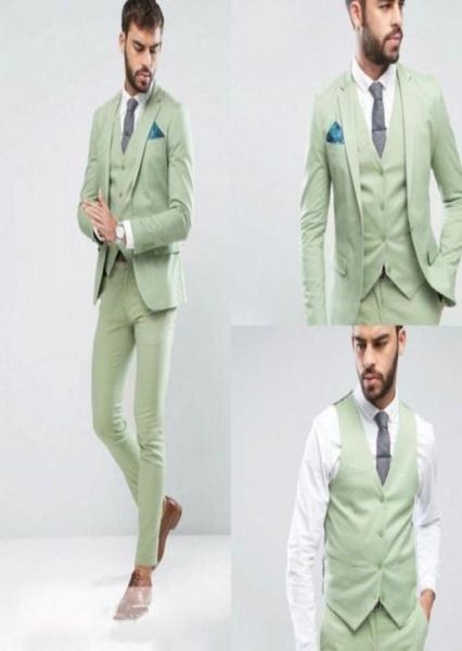 Costumes de mariage pour hommes, vert clair, personnalisés, smoking de marié, costumes de fête, manteau de marié, 3 pièces, JacketPantVest7511322