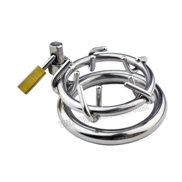 Dispositivos de castidad Último anillo anti-apagado con pinchos masculinos Cerradura de castidad de acero inoxidable Cinturón de jaula de pájaros # R45