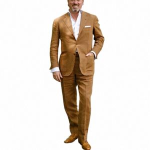 Dernières costumes pour hommes Blazers Dernières conceptions de pantalons de manteau Brown Lin Hommes Slim Fit Summer Tuxedo Simple Beach Jacket Custom 2 Pièces N2NU #